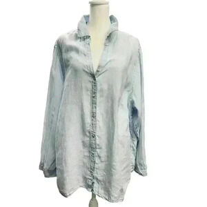 Sigrid Olsen 100% Linen Blue V-Neck Light Blue Blouse Button Down Shirt Size XL
